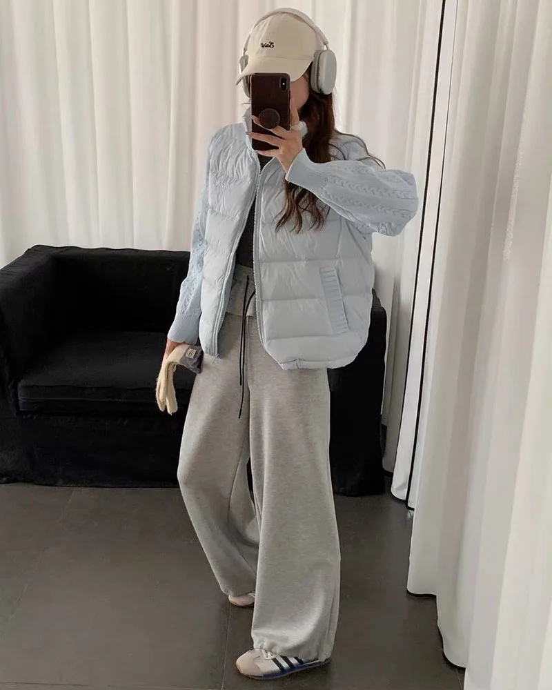 Winter Patchwork Parkas for Women Thick Warm Knitted Sleeve Splicing Puffy Coats Korean Loose Preppy Zipper Down Outwear New