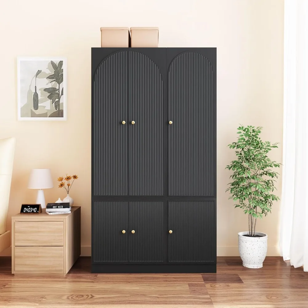 

6 Doors Freestanding Armoire Wardrobe Closet, Large Capacity Wardrobe Cabinet, Wooden Closet for Bedroom Black