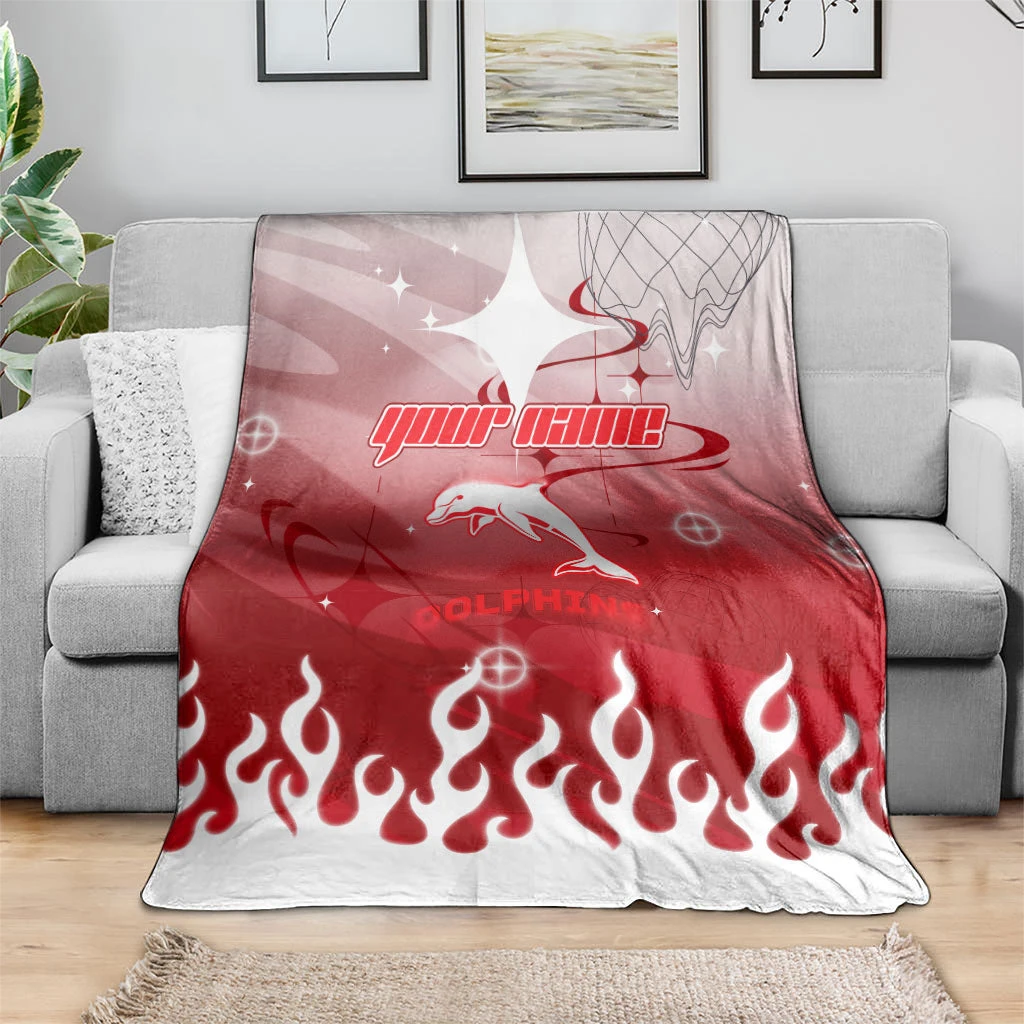 Flannel Dolphin Blanket, Y2K Grunge Style, Cyberpunk Flame and Starburst Pattern. Suitable for Sofa Beds, Offices, and Travel.