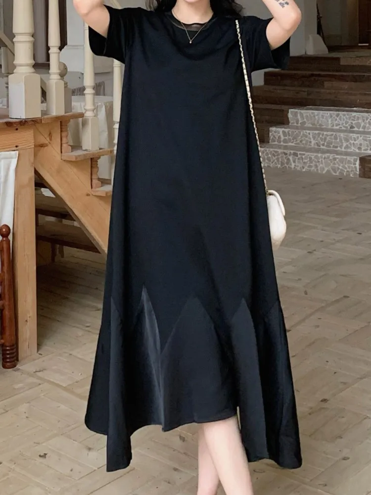 حجم كبير الصيف كوريا الجديدة غير النظامية امرأة فستان Vestidos رداء Elbise فضفاض المرقعة قصيرة الأكمام فستان طويل