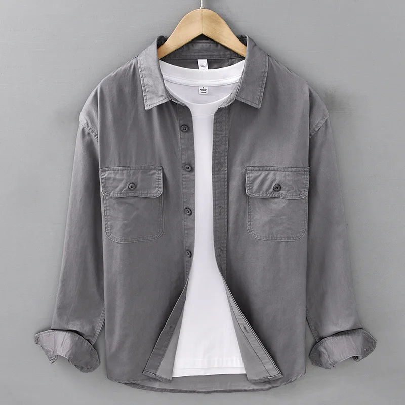 

Мужская повседневная рубашка из 100% хлопка в японском винтажном стиле, с двумя карманами, фиолетовая, комфортная, новинка весны 2026