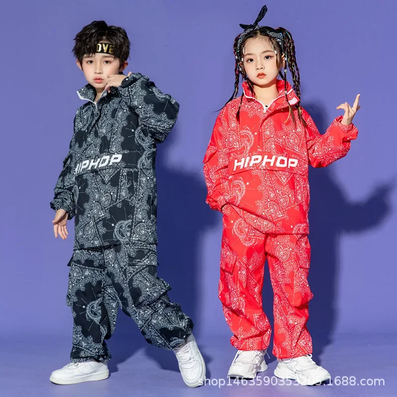 Boy Hip Hop Sweatshirt Joggers Clothes Sets Girls High Collar Paisley Top Cargo Pants Child Street Dance Kids Streetwear Costume