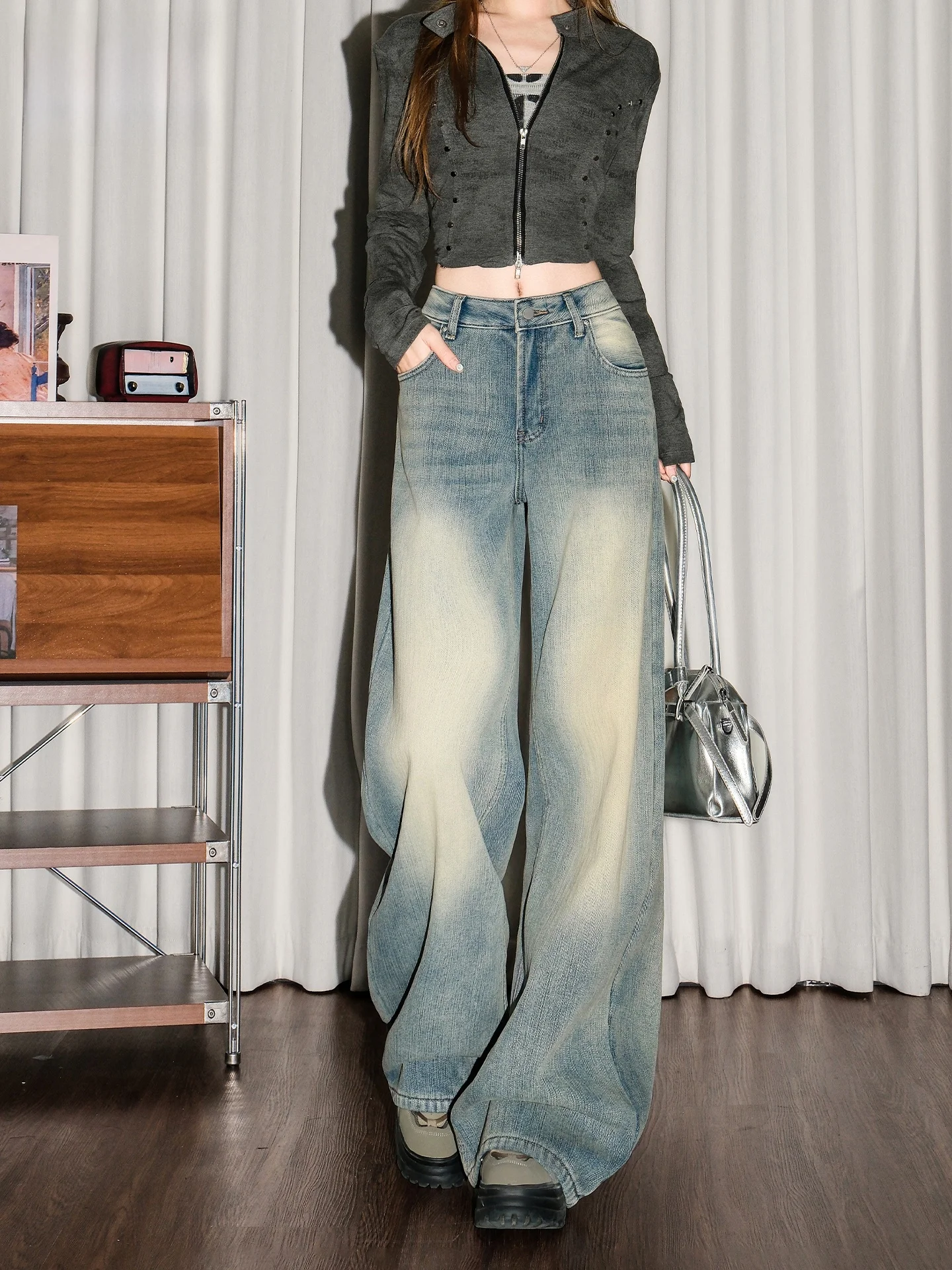 

Loose Slimming High Waist American Style Vintage Street Blue Jeans Women's Summer Casual Loose Knife Trendy Denim Pants