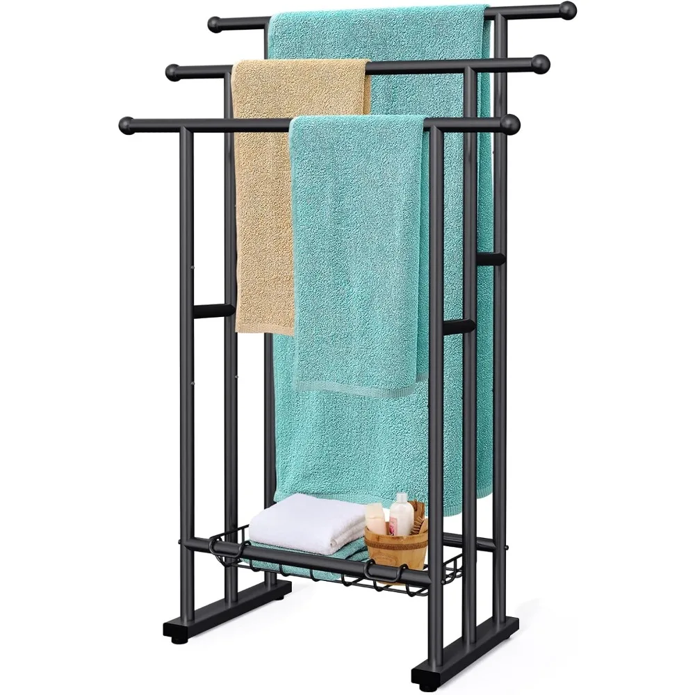 

40" H Free Standing Towel Rack, 3 Tier Alloy Steel Stand with Basket, Blanket Drying and Display Rack