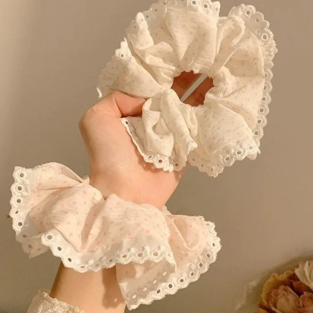 2024 New Lace Polka Dot Scrunchies Fairy Girl Student Oversized Elastic Hair Bands Korean Women Elegant White Pink Hair Tie Rope
