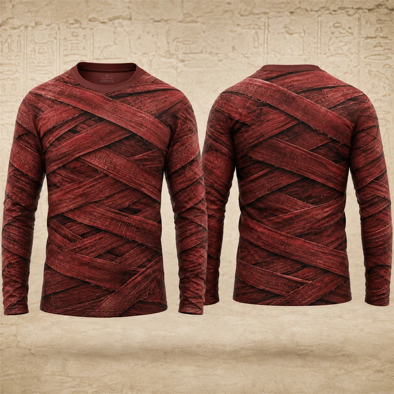 Novelty Men Long Sleeve T‑Shirt Realistic Mummy Wrapped Bandage 3D Print Tee Halloween Cosplay Casual Fashion Top Festival Party