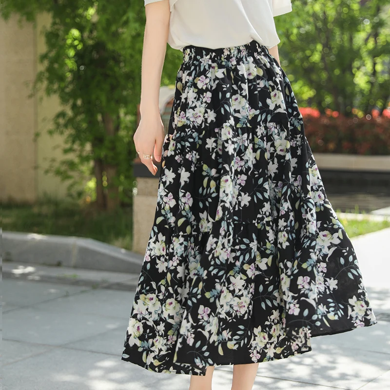 French Chiffon Floral Skirts Ladies Summer High Waist Drape Fashion Pleated Skirt in The Long A-Shaped Big Swing Umbrella Skirt