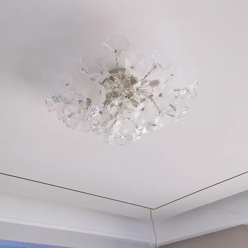 Light French-style flower crystal glass ceiling lamp - Cream style bedroom dressing room - Warm princess room lamp