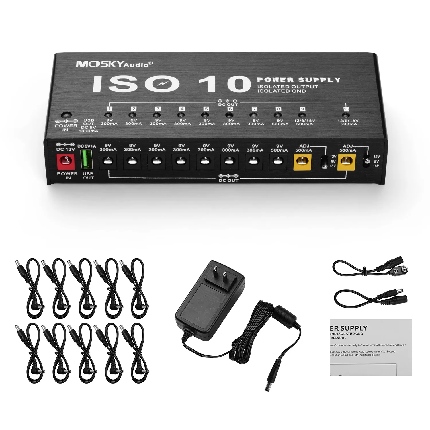 

MOSKYAudio ISO-10 Portable Guitar Effect Power Supply Station 10 Isolated DC Outputs & One 5V USB Output for 9V 12V 18V Guitar