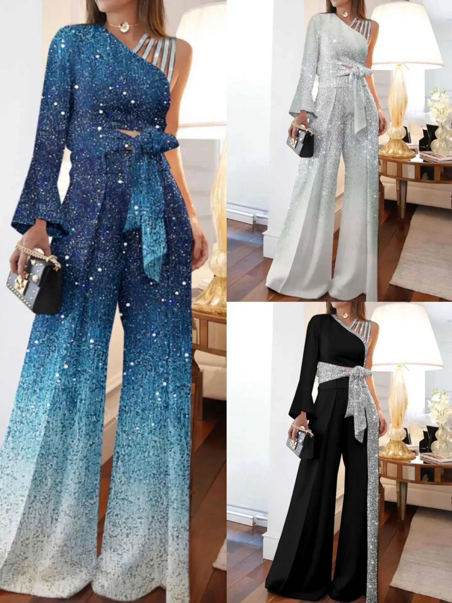 

Jumpsuits Women Sequins Splice Wide Leg Pants Casual One Shoulder Irregular High Waist Lace Up Rompers Loose Summer 2024
