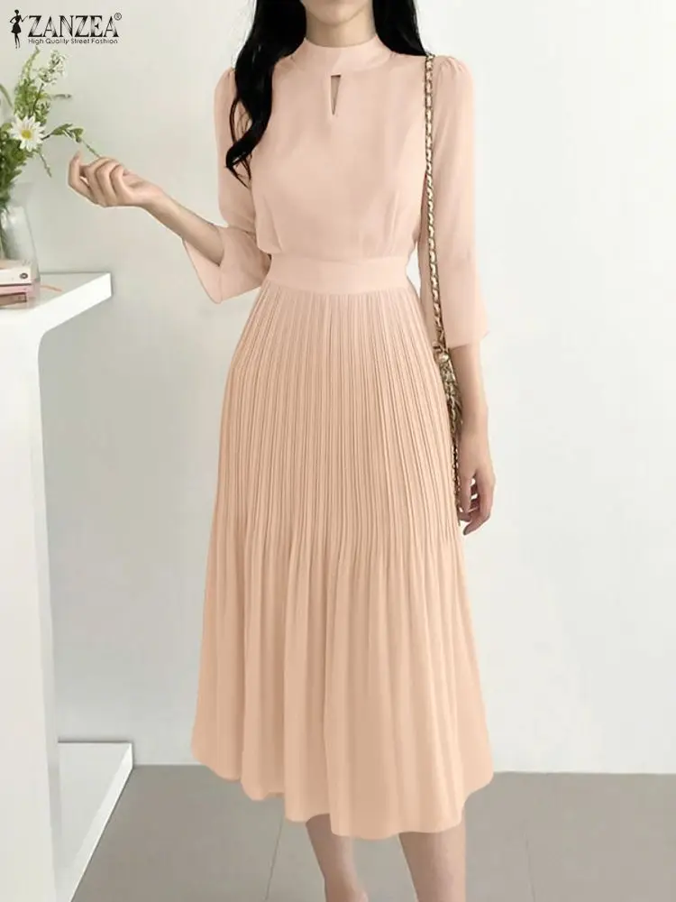 Zanzea elegante escritório senhora vestido feminino gola oco midi vestidos de festa 2025 moda 3/4 manga alargamento plissado robe