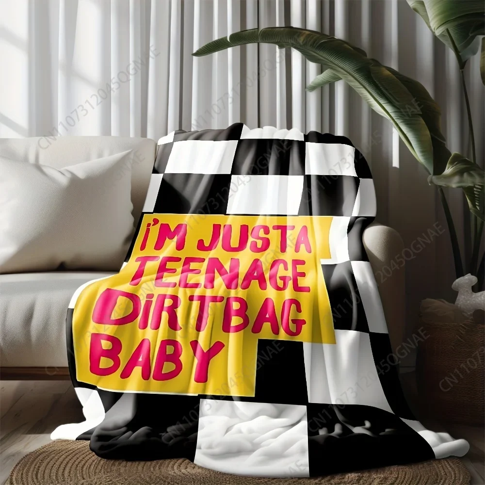 Custom 1pc Teenage Dirtbag Slogan Flannel Blanket - Black & White Checkered With Pink/Yellow Text, Soft All-Season Bedspread For