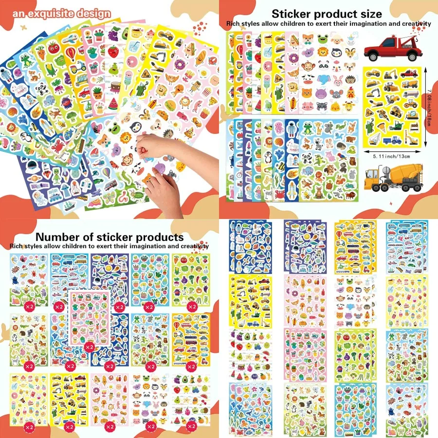 

32 Sheets Stickers for 850 PCS + Cute Stickers Variety Pack for 16 Different Theme with Sea Animal Food Dessert Space Fruit Flo