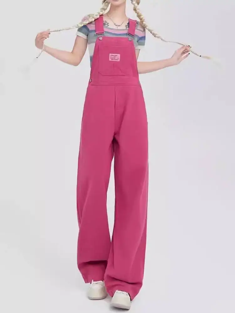 Raspberry Pink Denim Overalls Women's Spring Summer New Style High Waist Wide Leg Floor Length  Casual Jeans