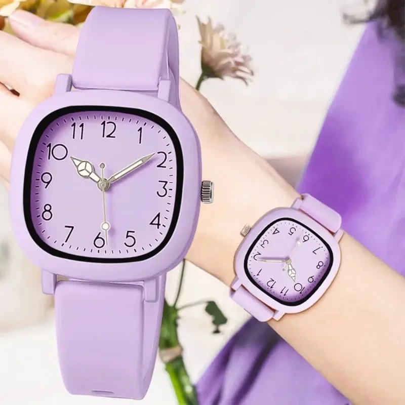 Fashion Classic Simple Square Color Matching Digital Literal Silicone Strap Female Watch