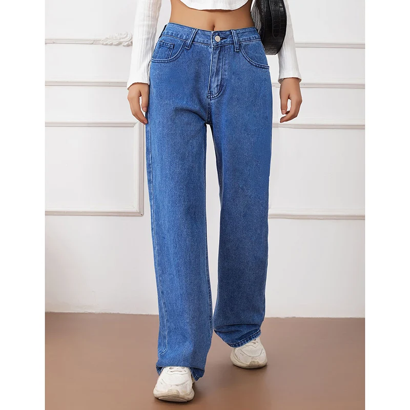 المرأة الكلاسيكية فضفاض مستقيم الساق الجينز الإناث الكورية عالية الخصر رقيقة سراويل جينز الفتيات الكورية موضة السراويل الطويلة الزرقاء #1