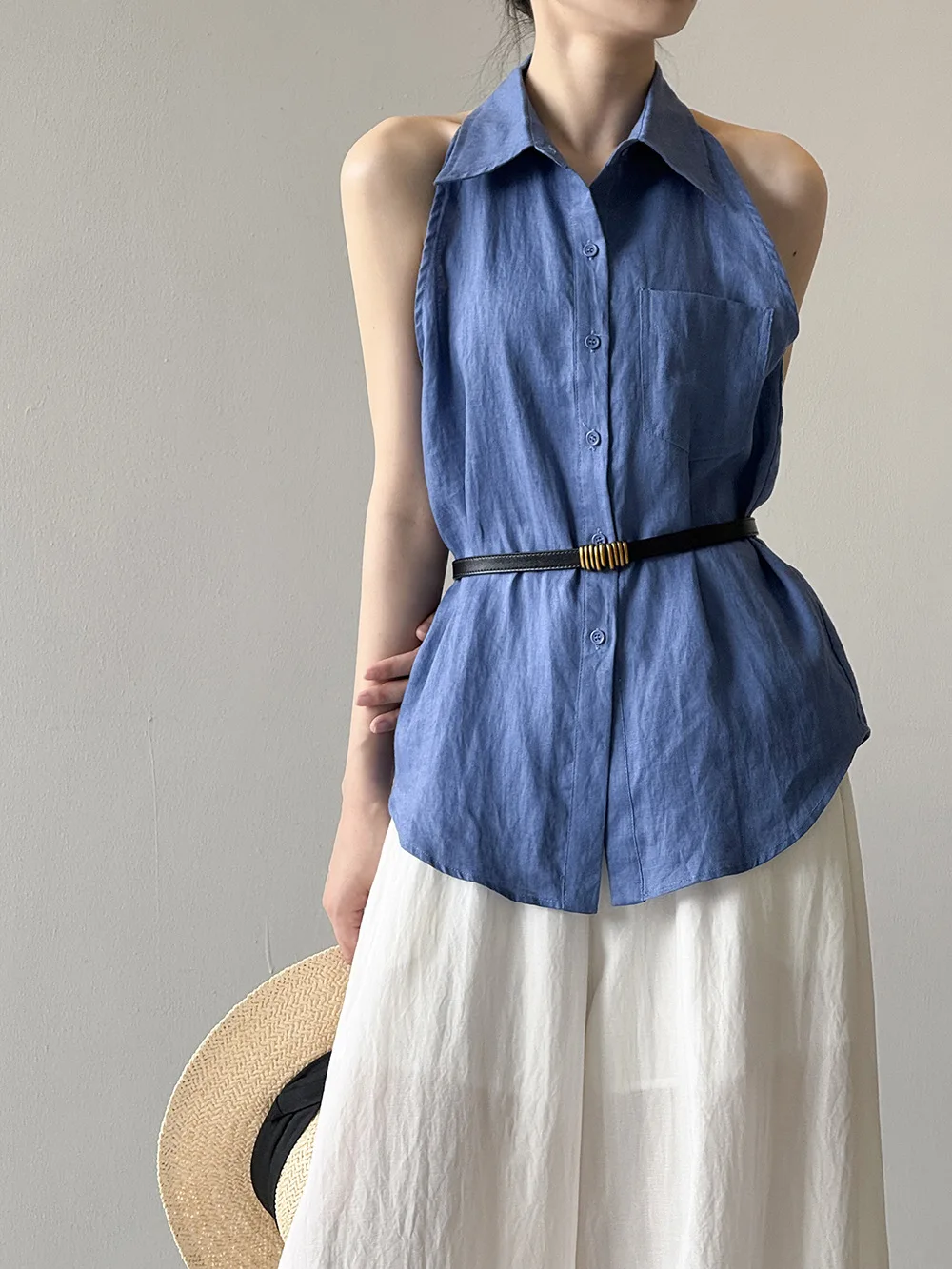 

SuperAen Vintage Linen Turn-down Collar Shirt for Women's Summer New Fashion Sleeveless Single-breasted Casual Vest