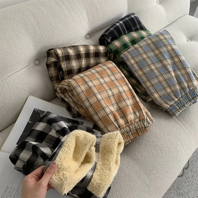 Fashion Warm Plush Pants Lamb Fleece Thick Plaid Women Winter Casual Loose Wide Leg Trousers Korean Streetwear Straight Student