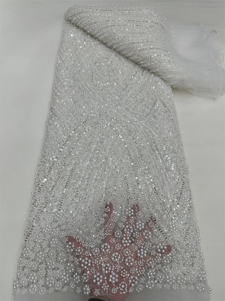 

Nigerian 2025 New Beauty Tulle Lace Fabrics With Heavy Beaded High Quality African Sequins French for Wedding Dress,