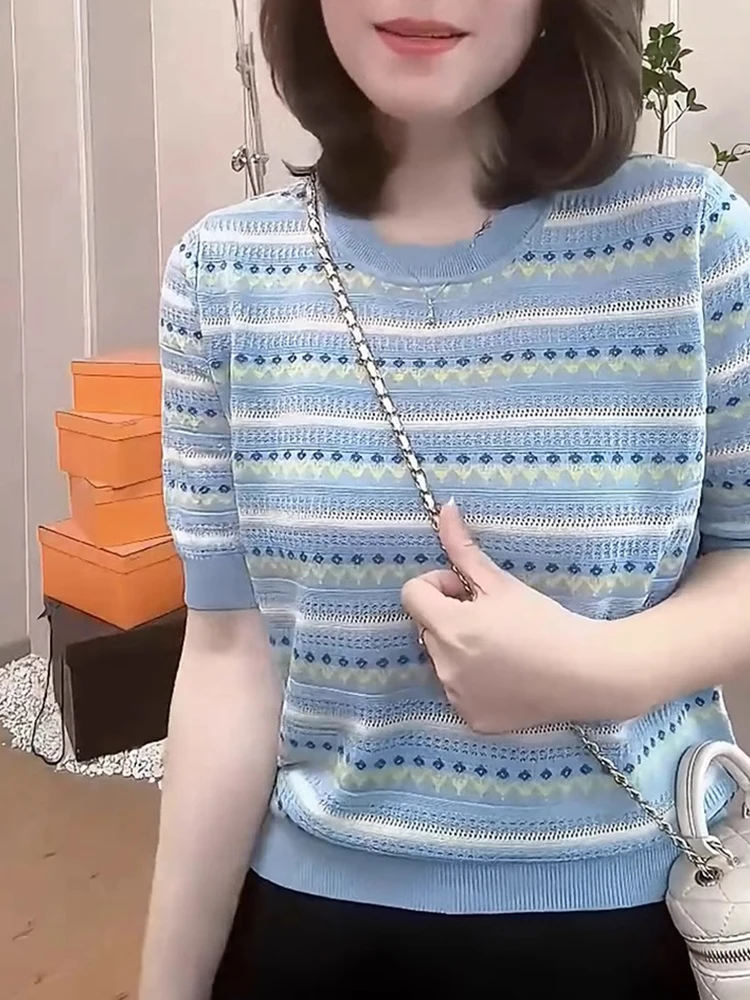 

Color Blo round Ne ort Sve Knitted Top Loose Slimming Summer T-irt Korean Sle Straight Cut Silk Fabric