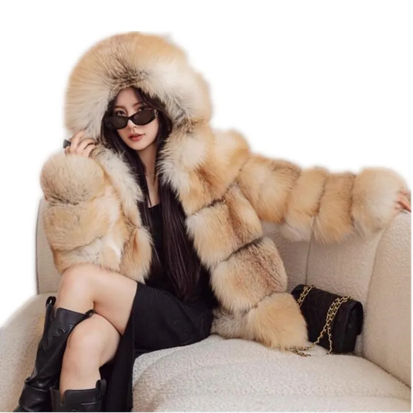 Real Golden Fox Fur Coat with Hood Female Winter Warm High Quality Fur Jacket Fluffy Women Outwear