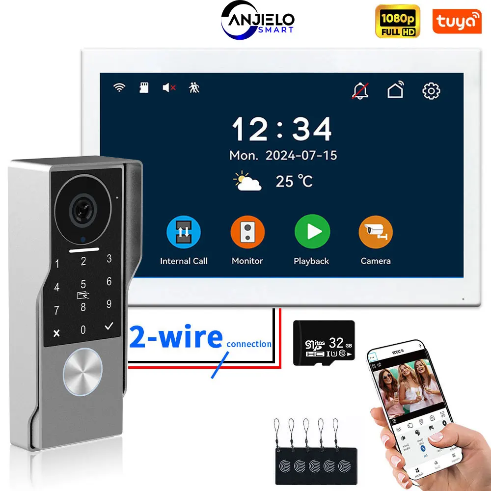 Anjielo telefone de porta de vídeo de 2 fios com aplicativo tuya cartão ic pino desbloquear 24 câmera ip suporte sistema de intercomunicação de vídeo inteligente para casa 1080p