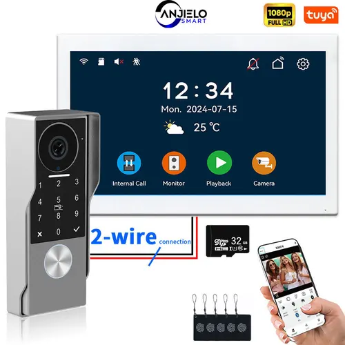 ANJIELO-videoportero de 2 cables con aplicación TUYA, tarjeta IC, PIN, desbloqueo, 24 cámaras IP, compatible con sistema de videoportero inteligente para el hogar, 1080P