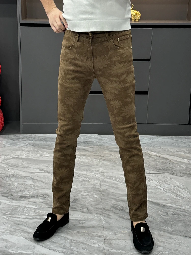 

Fashionable Slim Fit Printed Jeans Men's Summer Style Straight Leg Long Pants Trendy Slimming Small Foot Pants Casual Denim