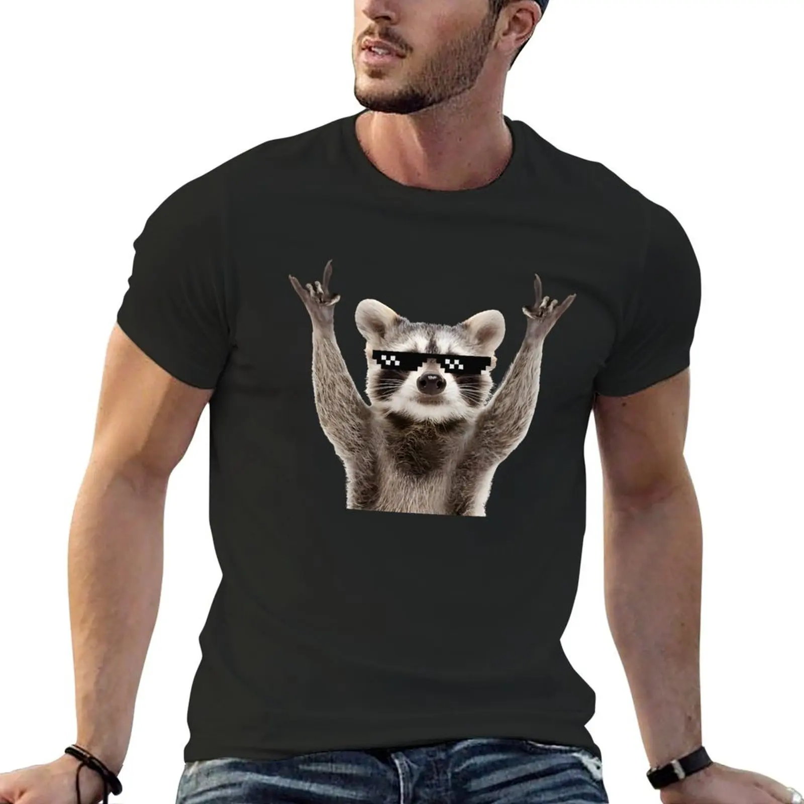 Raccoon Rock Sign Funny Glasses T-Shirt summer tops sublime shirts men graphic