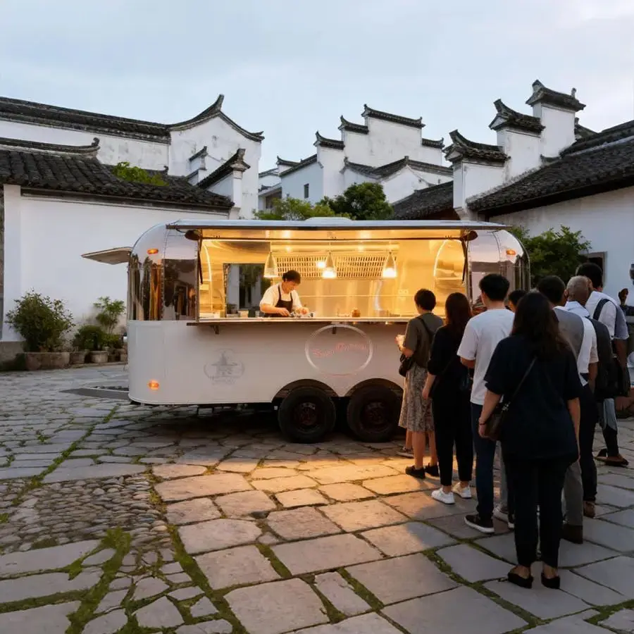 

Outdoor Food Trailer Upper Curved Roof Mirrored Metal Beige Body Lower Black Dual Wheels Retro Textured Design