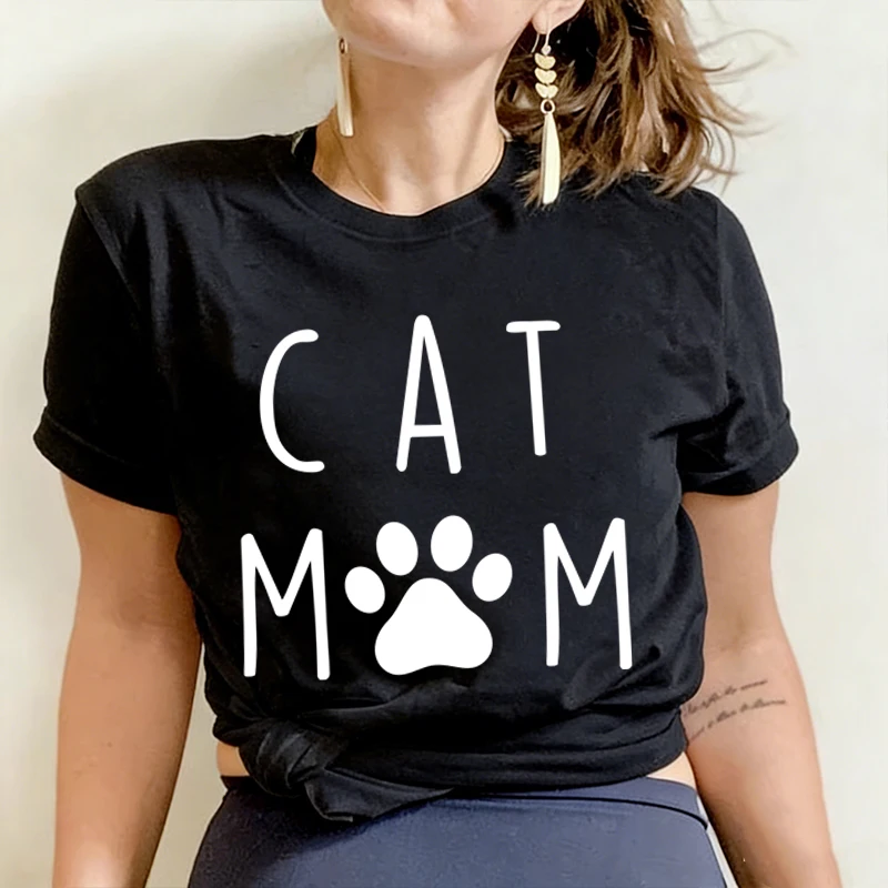 

Cat Mom Fun Paw Print T Shirt for Women Summer Short Sleeve Crewneck Casual Mother's Day Top Fashion Animal Cat Lover Female Tee