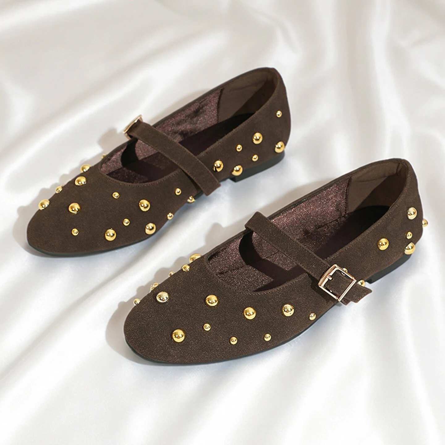 

Brand Designer Mary Jane Shoes Women Fashion Rivet Suede Classic Retro Brown Casual Soft Bottom Comfortable Ladies Flats