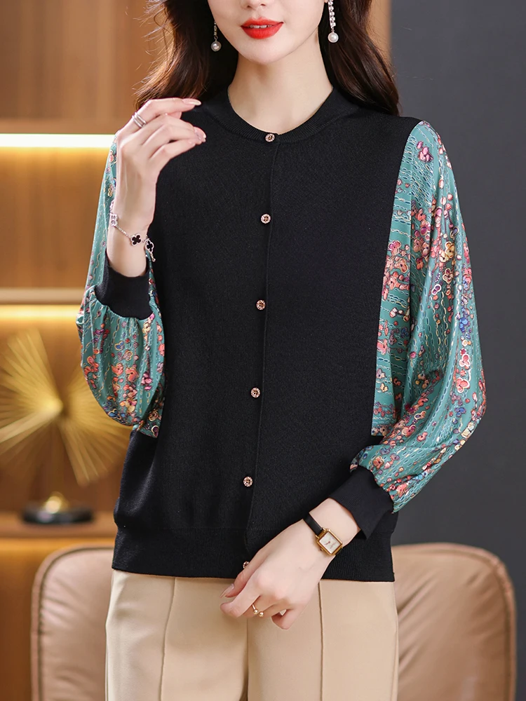 

Sweater Women Autumn Korean Fashion Womens Clothing Cardigan Print Chiffon Sleeve Knitwears Single-breasted Cardigans