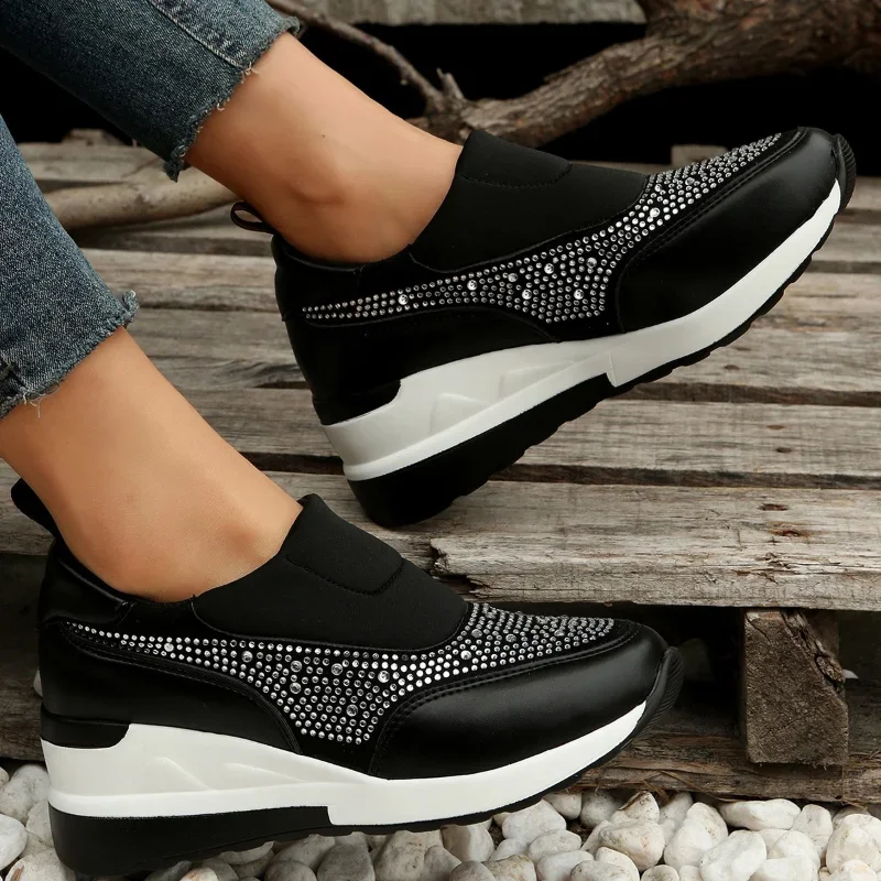 Shining Crystal Flats Shoes for Women Autumn Slip on Platform Sneakers Woman Breathable Sports Shoes Walking Shoes Plus Size 43