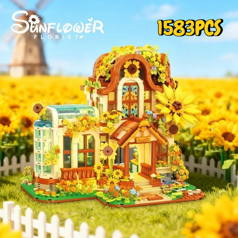 

1583PCS Creative Sunflower Flower Shop Model Building Blocks With LED Light Construction Bricks Toy Good Gift for Friends