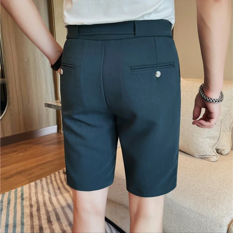 Casual Fashion Middle Pants Non-Ironing Treatment,Men\'s Summer New Cropped Pants, Slim-Fit Solid Color Dark Striped Suit Shorts