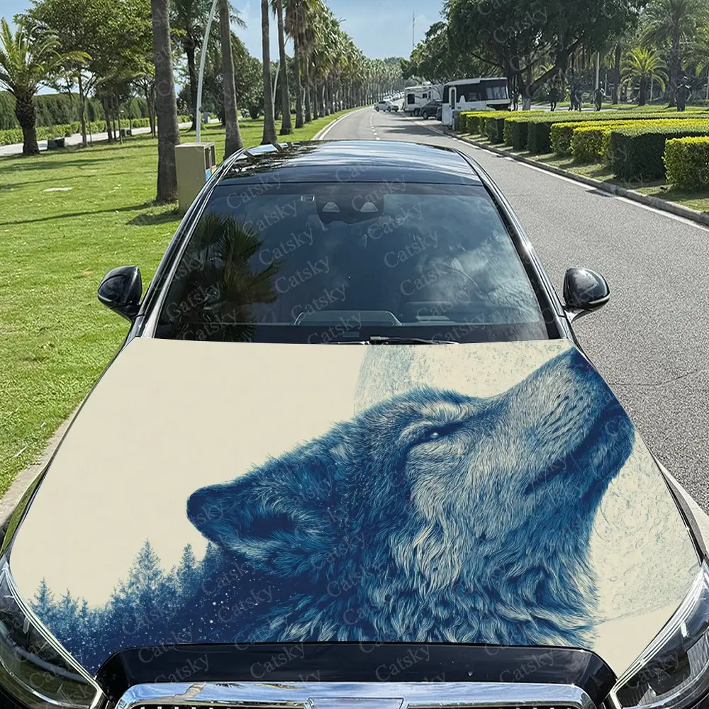 

Автомобильная наклейка Волк с художественным дизайном Fusion Blue Forest, создающая загадочную и мощную визуальную наклейку на капот автомобиля, водонепроницаемую S