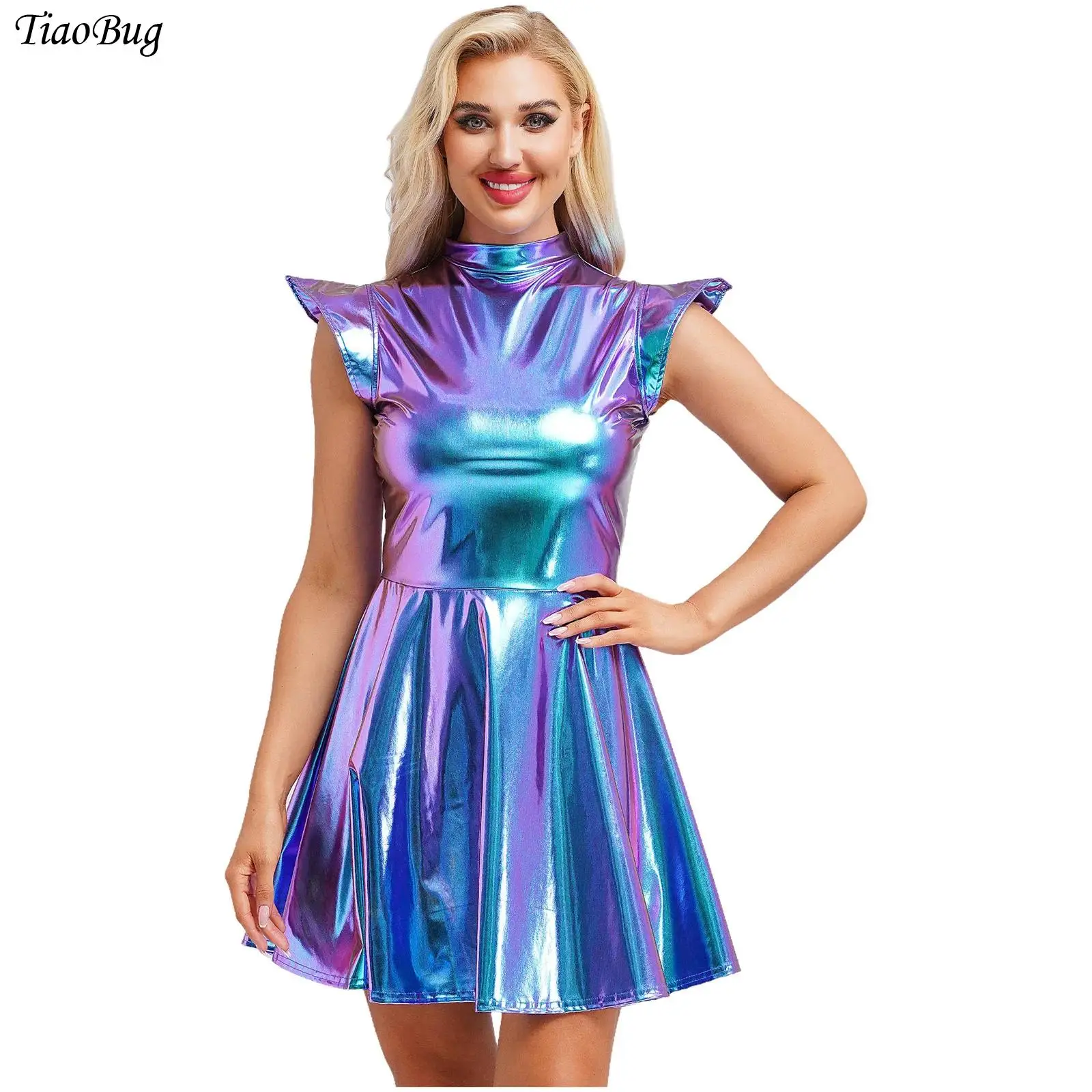 

Womens Dress for Halloween Cosplay Party Dress Holography Metallic Mock Neck Cap Sleeve High Waist A-line Dress Fashion Clubwear