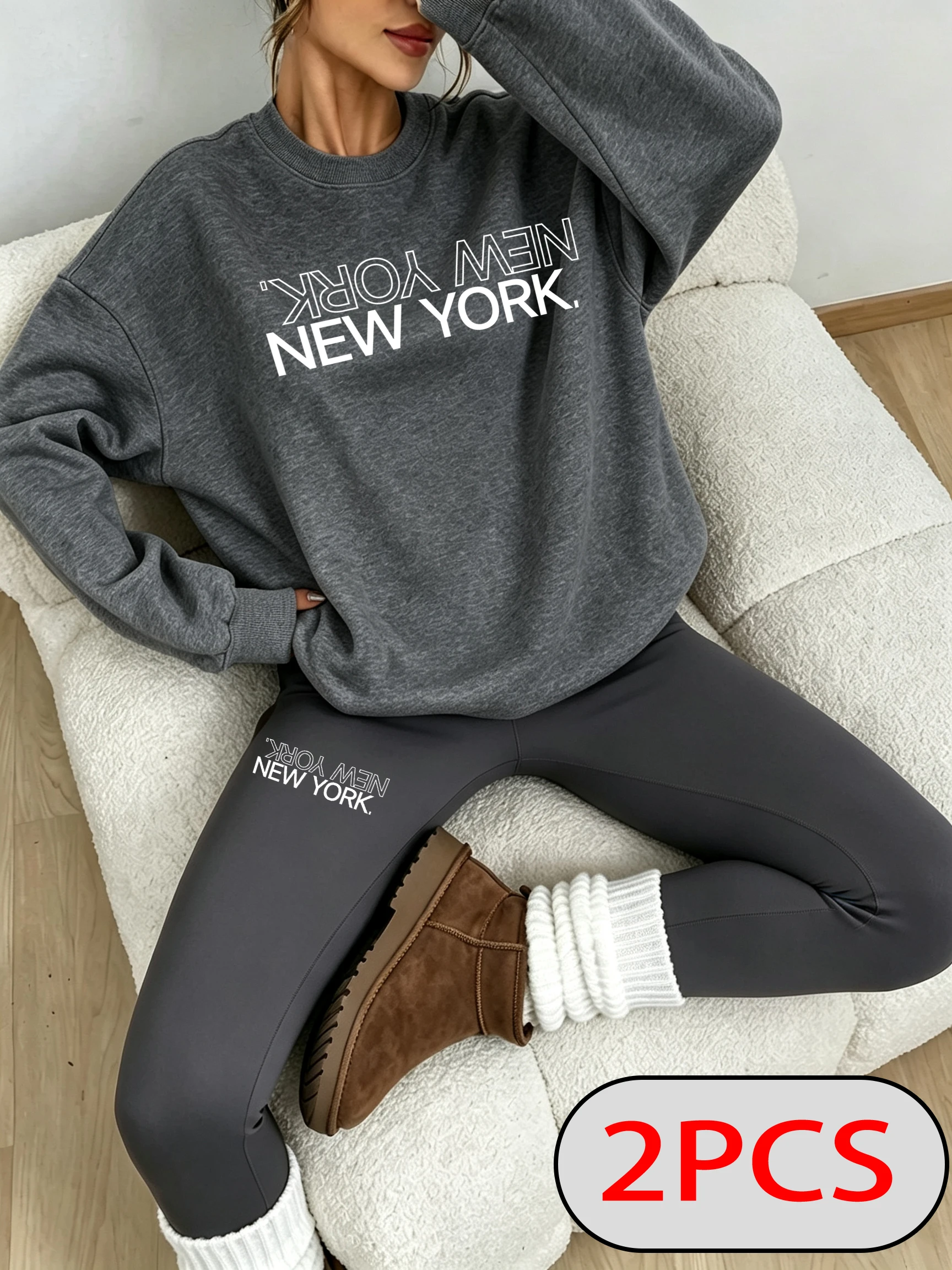 About New York City Print Women'S Y2K Sweatshirt Set Crewneck Warm Pullovers Casual Korean Pants Autumn Fleece Leggings Sets