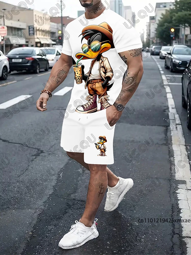 

Summer Men's Tracksuit Funy Duck Short Sleeve T-Shirt Set Solid Color Casual Suit Sports Streetwear Shorts 2 Piece Male Clothes