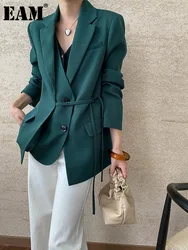 [EAM] Women Navy Blue Bandage Big Size Elegant Blazer New Lapel Long Sleeve Jacket Fashion Tide Spring Autumn 2024 1DH7507