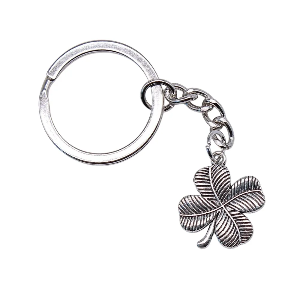 Keychain Holder Souvenirs Gift Vintage Handmade Antique Silver Color 20x18mm Four Leaf Clover Pendant Keyring