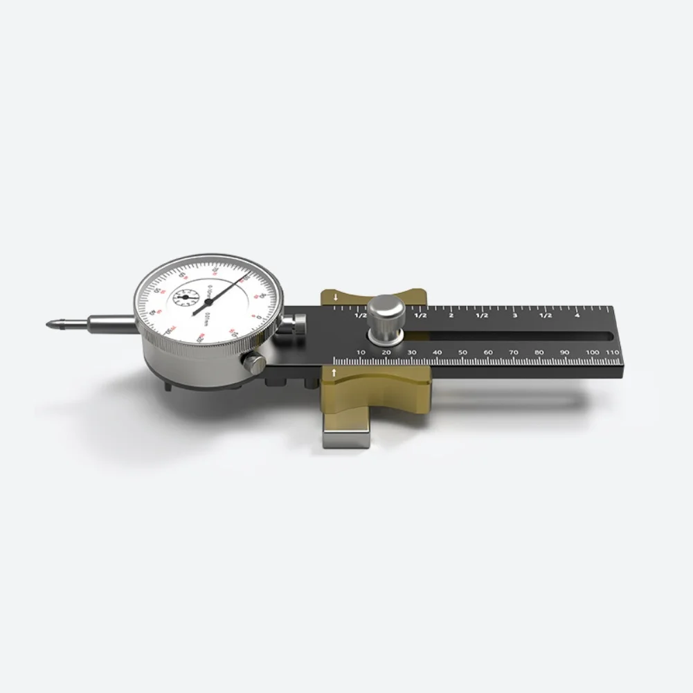 

Table saw dial indicator for precise blade parallelism correction and machine calibration with adjustable measuring length
