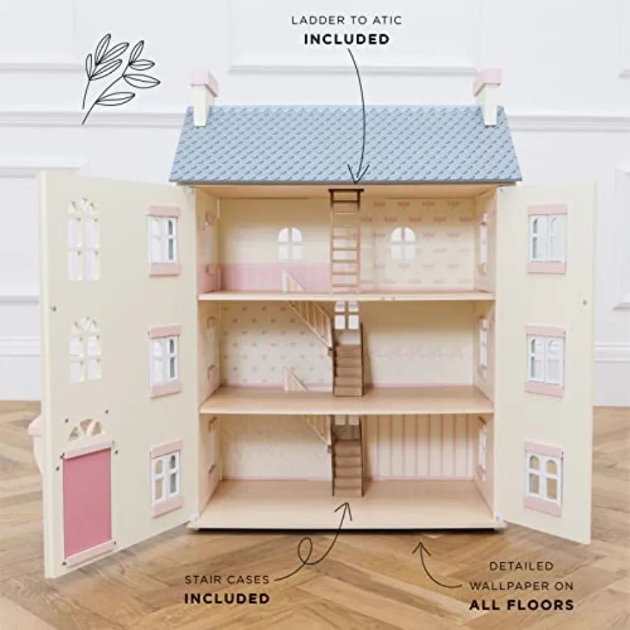 Precioso salón de cerezo grande, casa de muñecas de madera de 4 pisos, juego para niñas o niños |   Gran como regalo |   Adecuado para mayores de 3 años