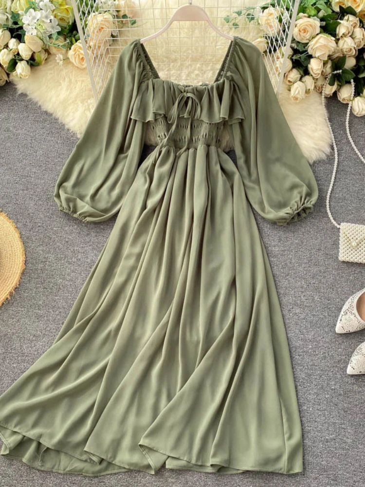 Chic Elegant Square Collar Maxi Dress Women Solid Chiffon Puff Sleeve Dresses 2024 Korean Fashion Vintage Ruffle Vestidos