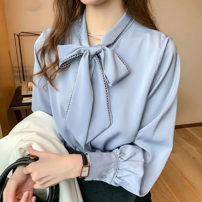 2022 Korean Loose Tops Spring Satin Fashion Chiffon Blouse Women White Office Lady Clothes with Bow Blue Long Sleeve Shirt 10691