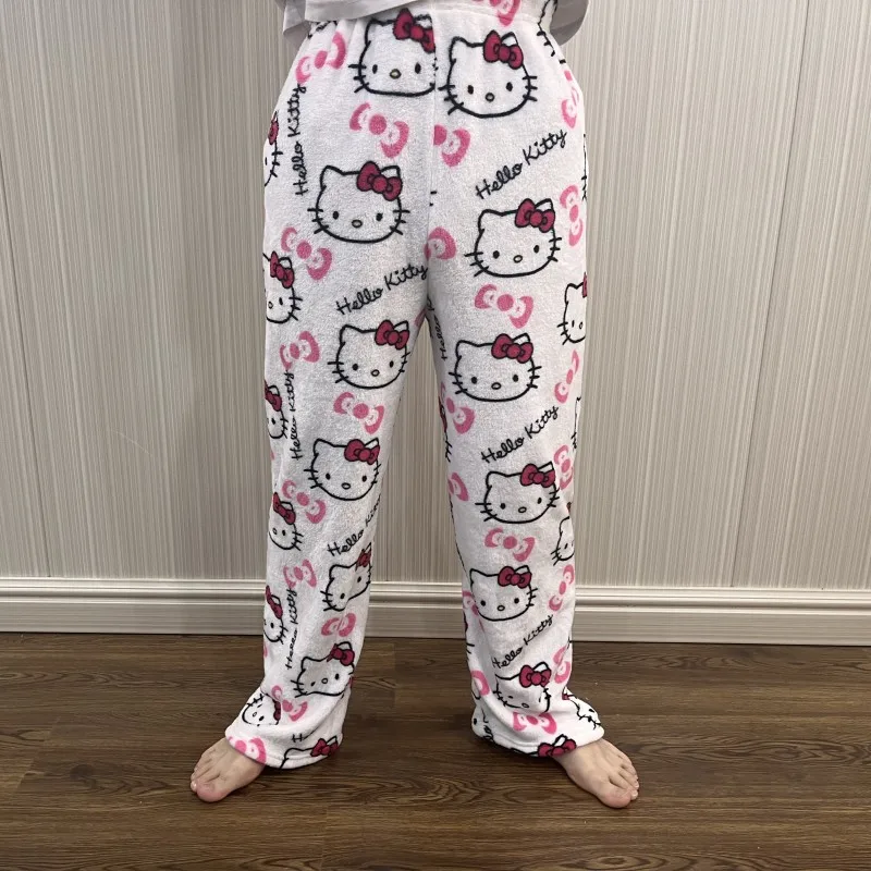 Kawaii Hello Kitty Pajama Pants Sanrio Y2K Cartoon Hip Hop Ladies Warm Casual Plush Kitty Flannel Pants Women\'s Clothing Gifts