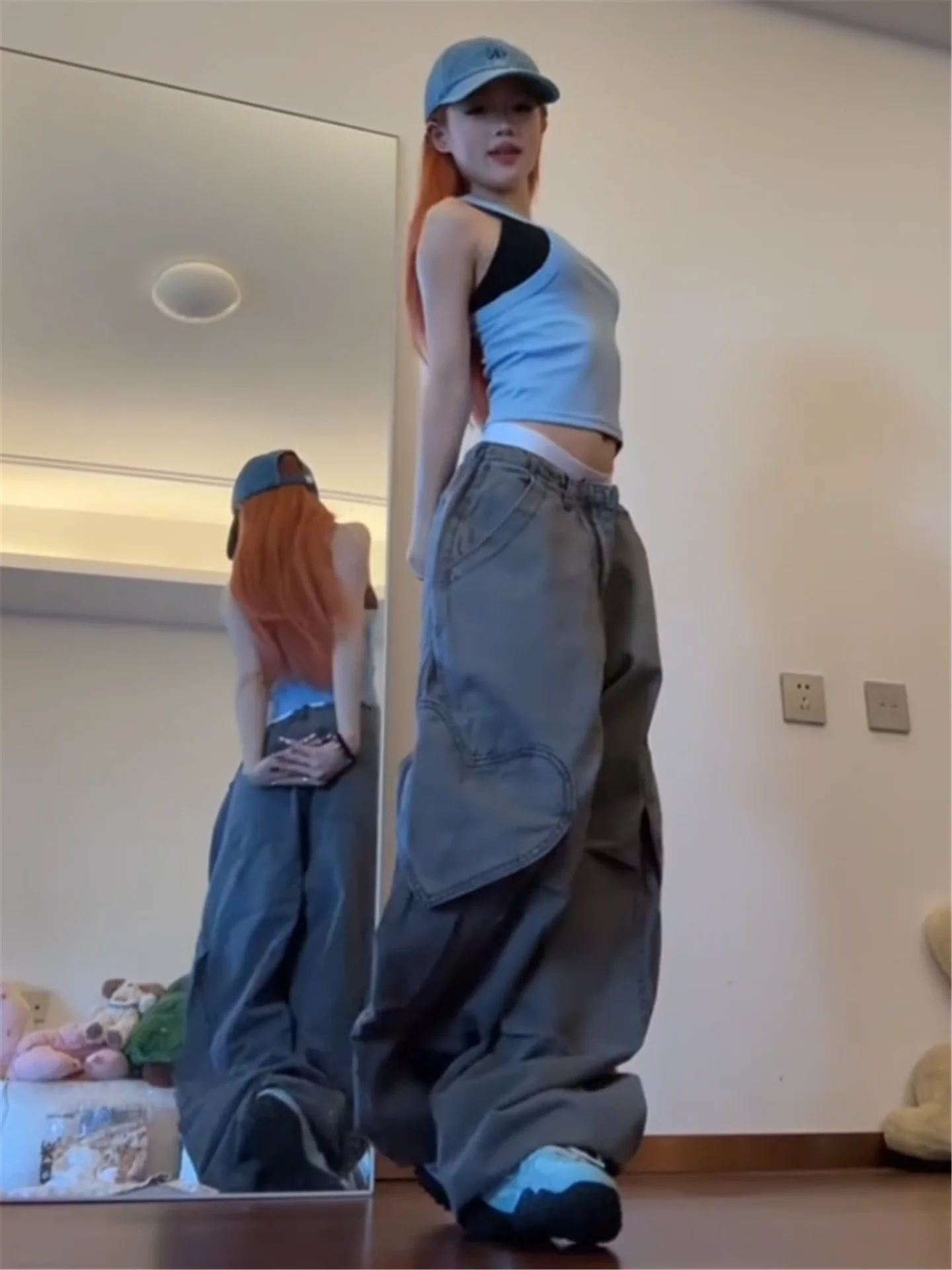 

American Retro Grey Workwear Jeans Women Summer Loose Slim Multi Pocket Extended Long Floor-Length Pants Wide Leg Natural Waist
