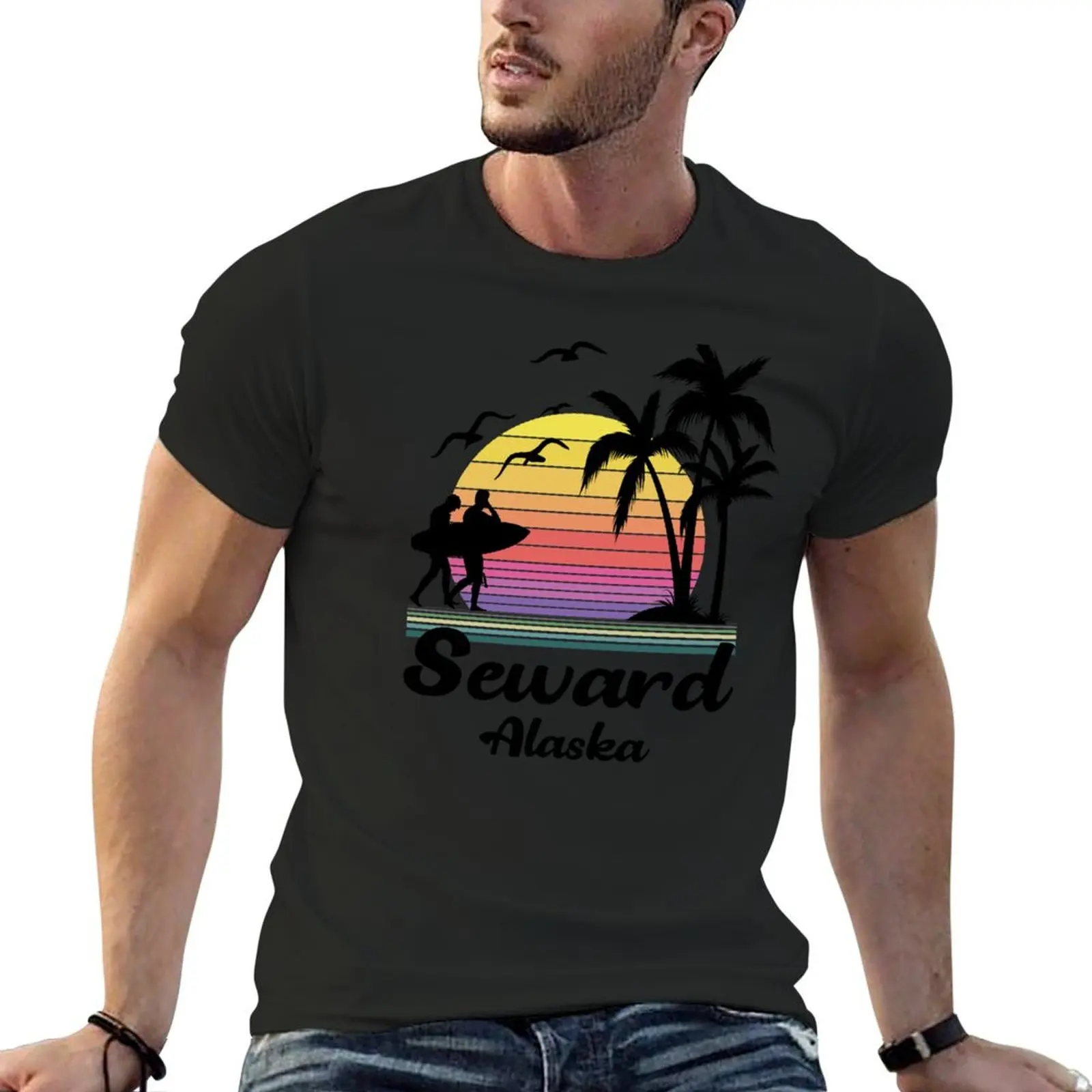 Seward Alaska Seaside Retro Sunset T-Shirt summer top vintage men workout shirt