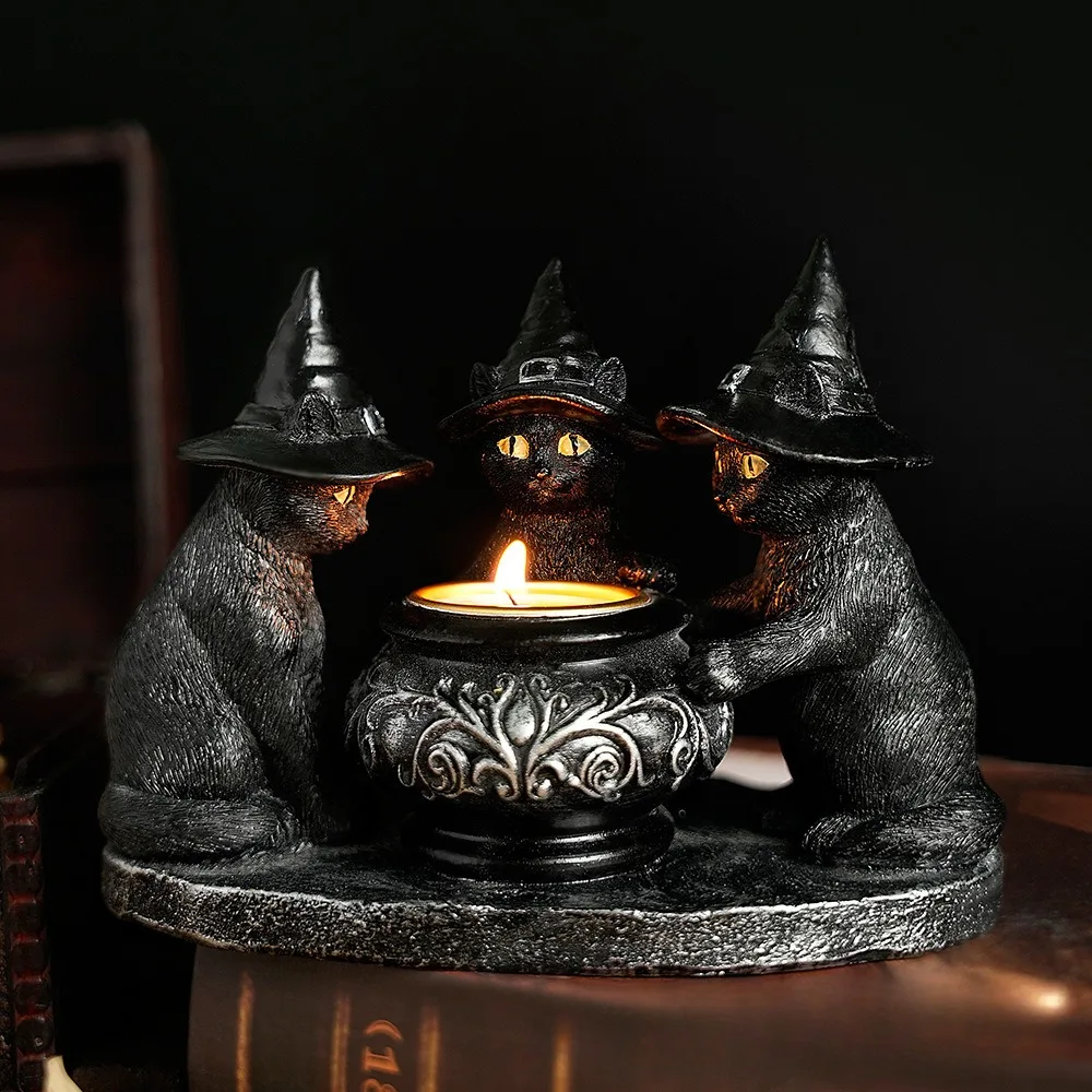 Halloween-Dekoration, Figuren, vertrauter Kessel, Teelichthalter, schwarze Hexen, Katzen, Kerzenhalter, Zuhause, Bar, Tischdekoration
